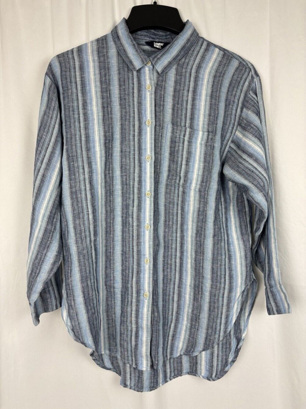 Land's End Shirt Women's S 6-8 Blue Striped Linen Long Sleeve Button Up Resort